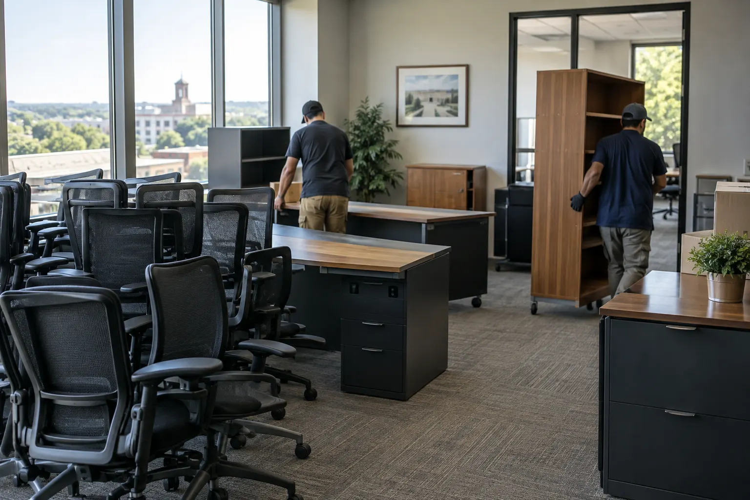 Office chairs and desks arranged for a cleanout